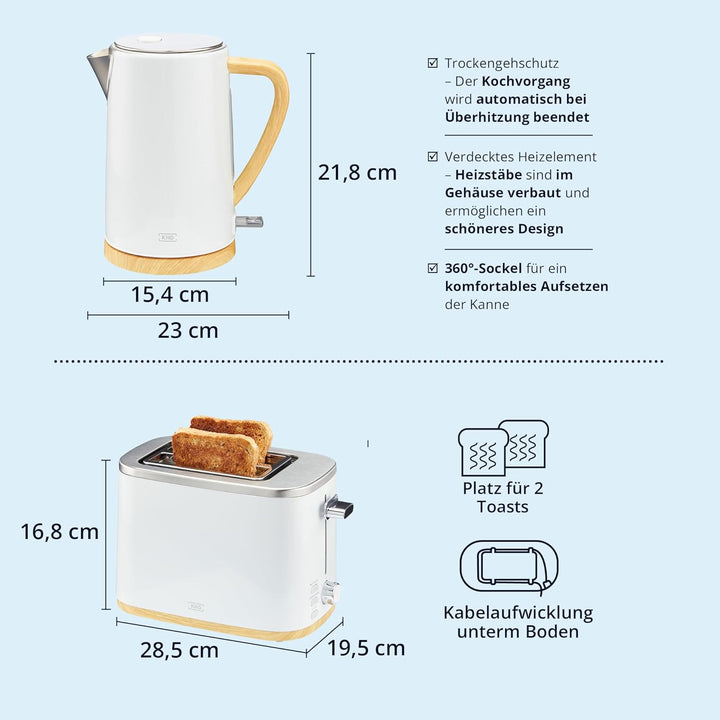 KHG Wasserkocher und Toaster Set 2-teilig | 2.200 & 800 Watt | Frühstücksset mit Kapazität 1,7 Liter
