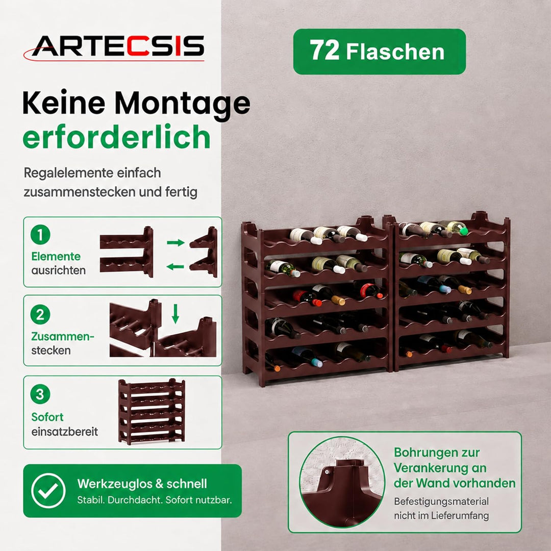 ARTECSIS Weinregal stapelbar Kunststoff für 72 Flaschen, stabiles Flaschenregal in Gastronomie-Quali
