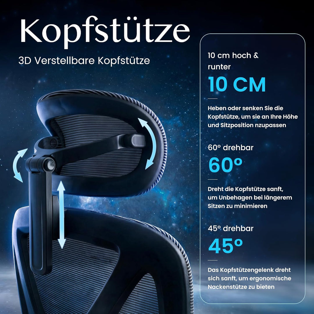 FLEXISPOT ErgoX Ergonomischer Bürostuhl mit Fussstütze Schreibtischstuhl, 3D-Armlehnen, 3D-Kopfstütz