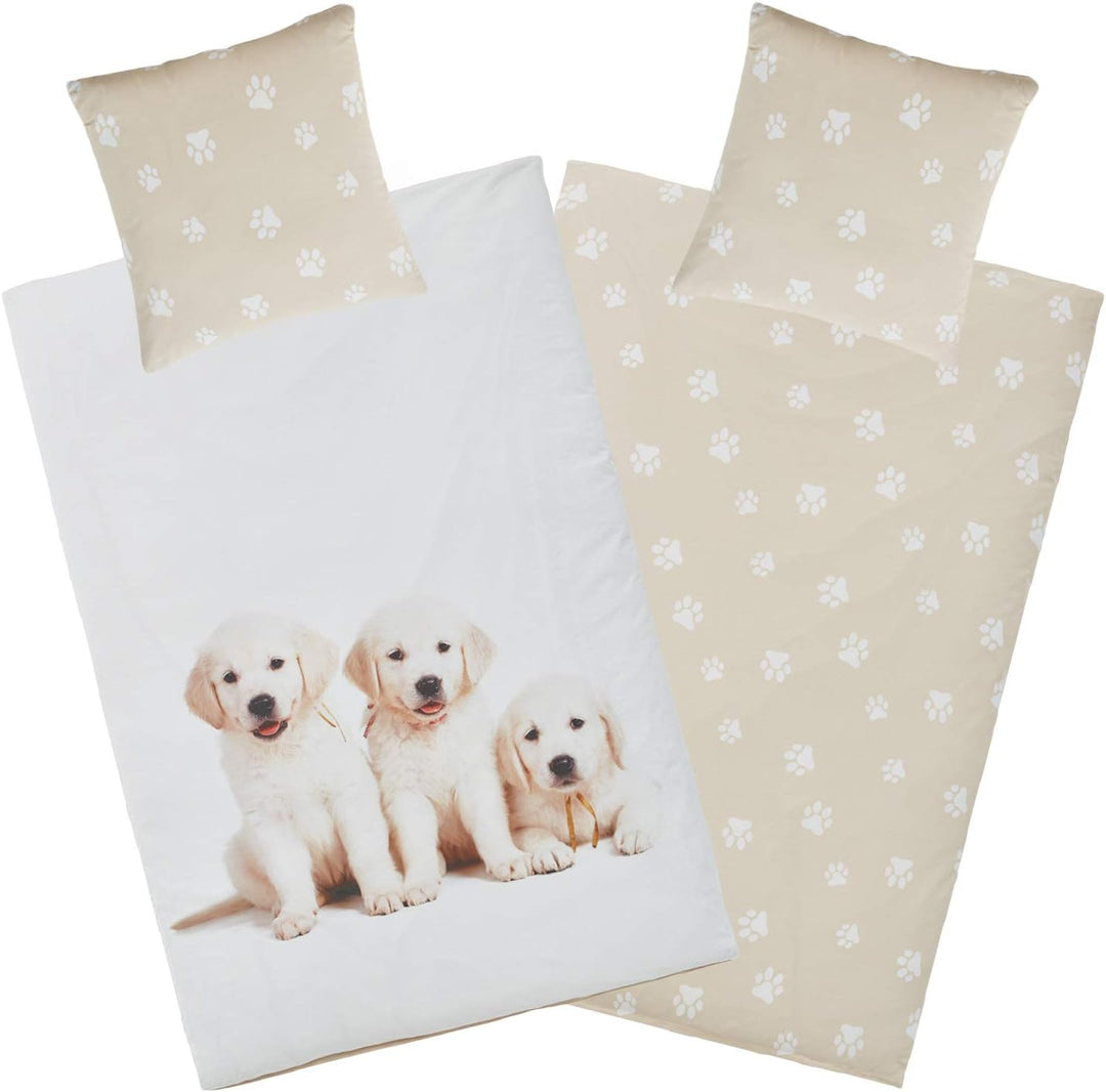 Aminata kids Bettwäsche Hund 135x200 Hunde-Pfoten-Motiv Hundewelpen Kinder-Bettwäsche-Set Baumwolle