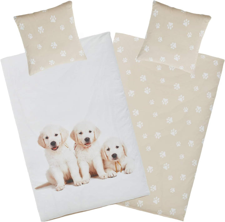 Aminata kids Bettwäsche Hund 135x200 Hunde-Pfoten-Motiv Hundewelpen Kinder-Bettwäsche-Set Baumwolle