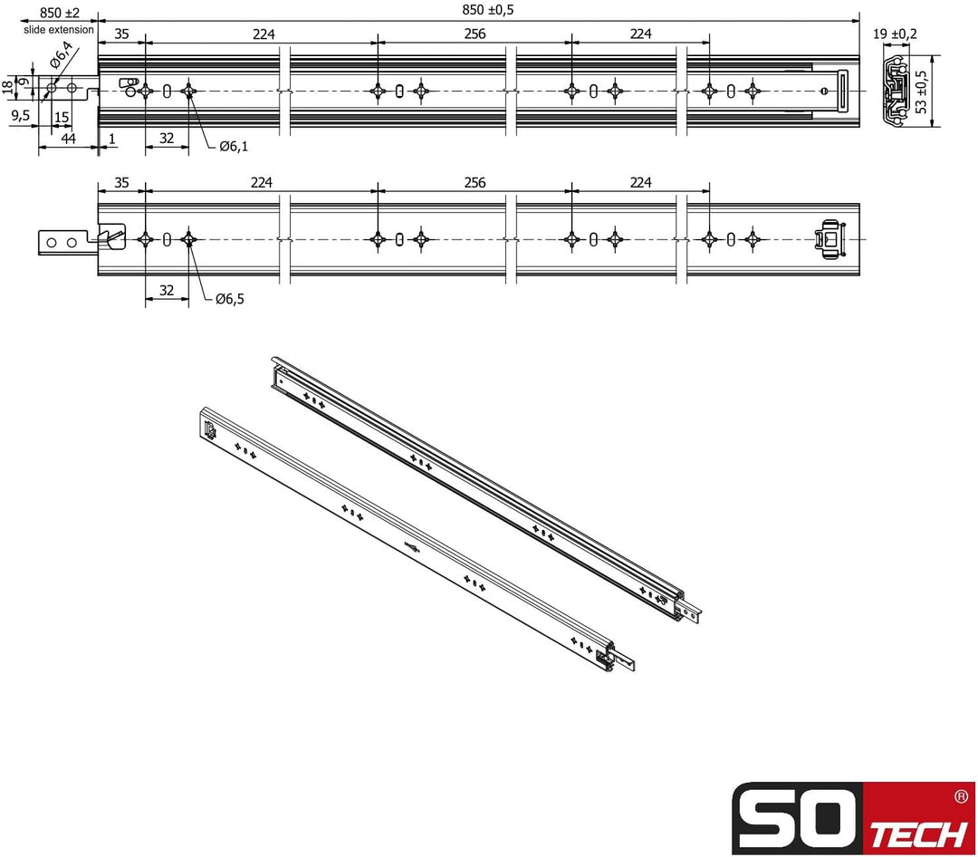 1 Paar SOTECH Schwerlastauszüge VarioSlide KV2-100-H53-L850-EH 850 mm mit Lock-in/out Einrastfunktio