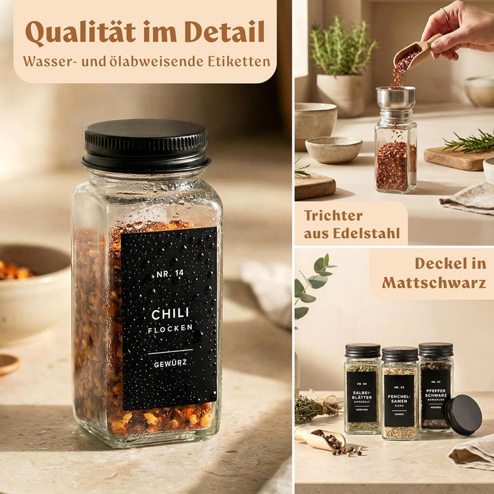 EDELHAUS® Gewürzgläser Eckig 120ml (24 Stk) Gewürzdosen mit 240 Gewürzetiketten, 24 Gewürzstreuer/St