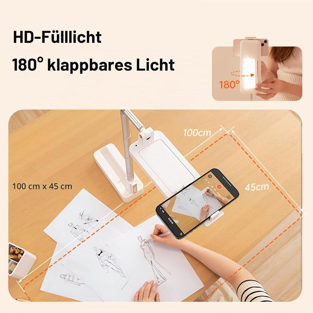 Ausziehbarer Selfie Ständer, mit LED Licht mit 5 Helligkeiten, um 360° Drehbarer, Wiederaufladbarer