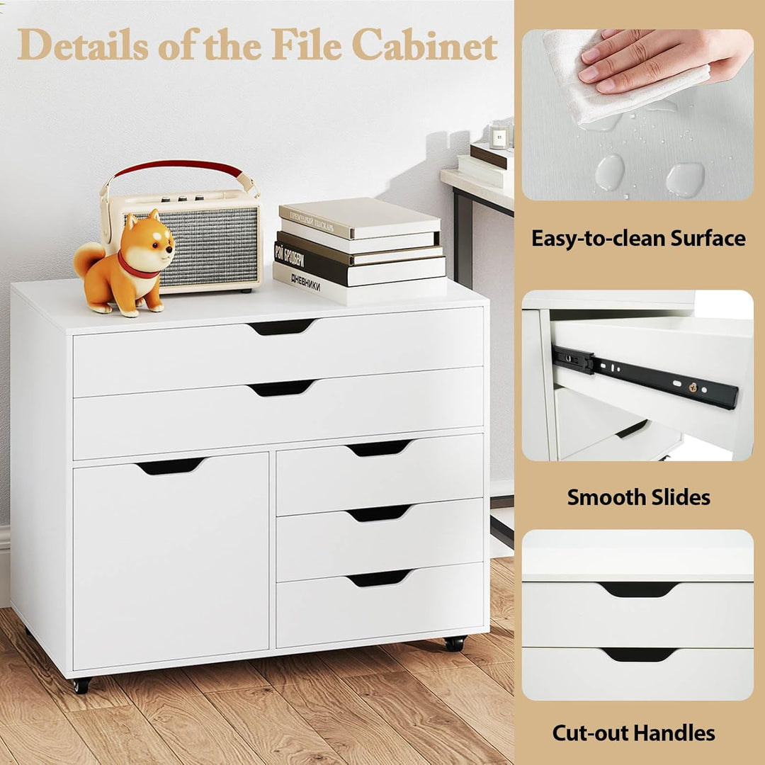 KOMFOTTEU Aktenschrank mit Rollen, Bürocontainer mit 5 Schubladen & 1 Schrank, Rollcontainer Schubla