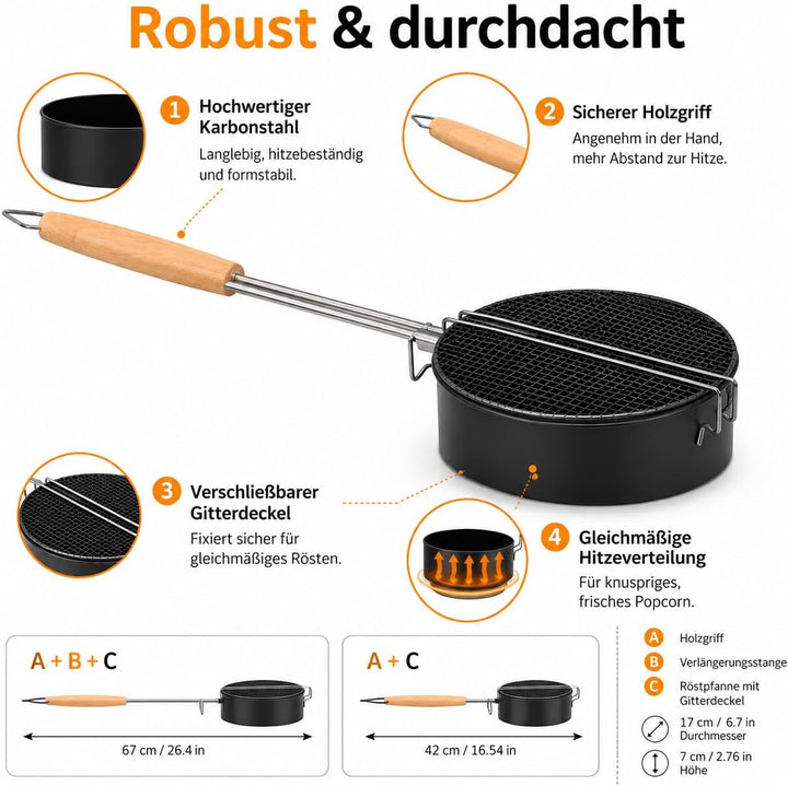 Popcorn Maker für Lagerfeuer, Karbonstahl, Sicherheitsgriff | Outdoor-Popcornpfanne mit hitzebeständ