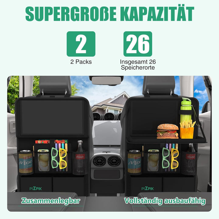 Plzpik Auto Organizer,2 Grosse Rückenlehnenschutz,Autositz Organizer Kinder mit Klapptisch, 12 Tasch