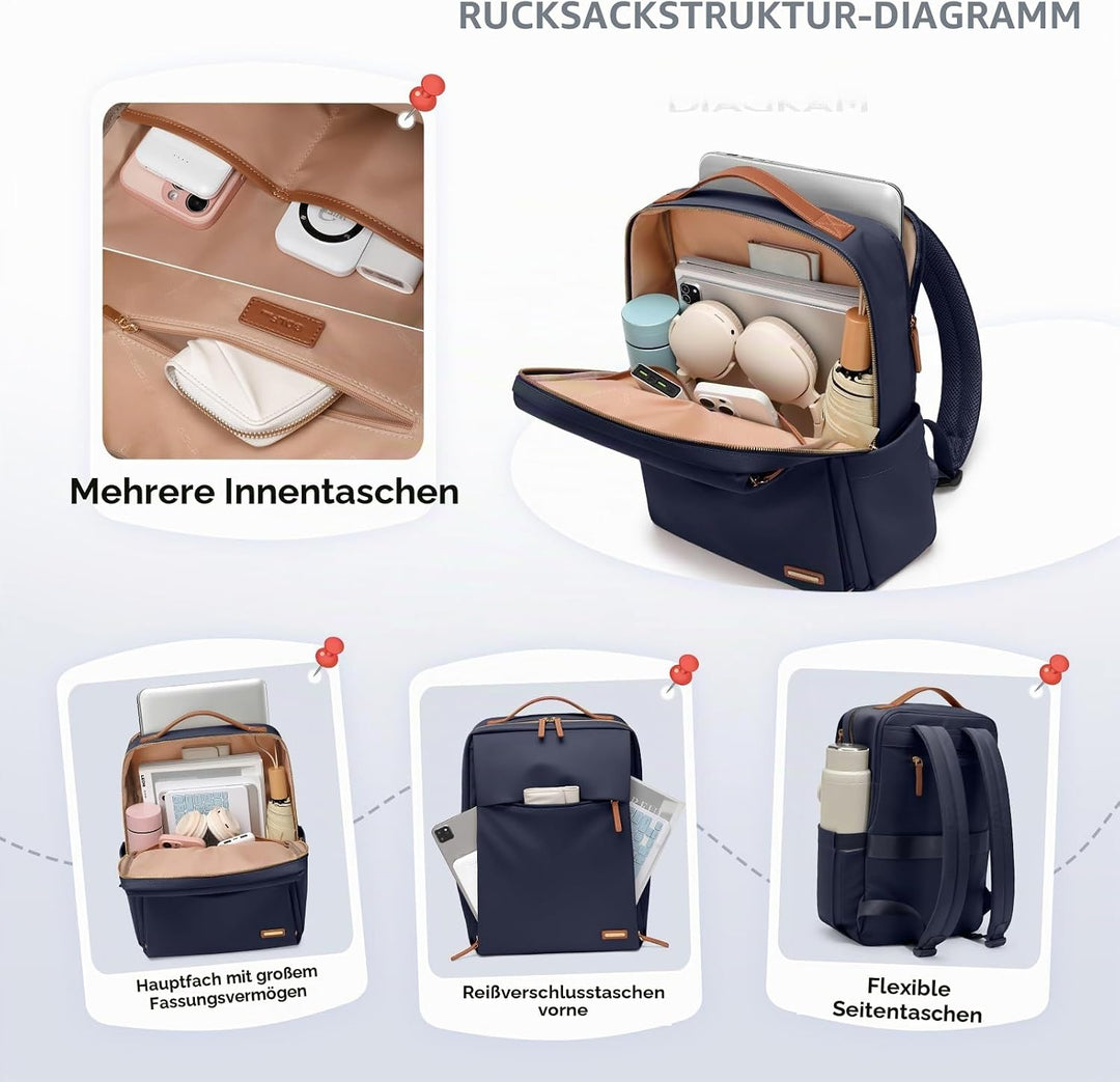 Rucksack Damen Laptop Reise Schulrucksack 15.6 Zoll mit Laptopfach, Wasserdicht Multifunktionaler Lä