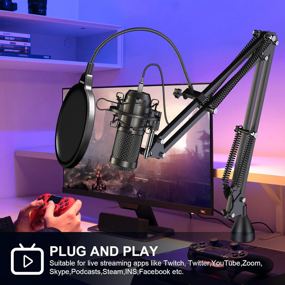 aokeo USB Mikrofon, 192kHZ / 24bit Podcast-Mikrofonsets mit Mikrofonständer, Stossdämpferhalter, Win