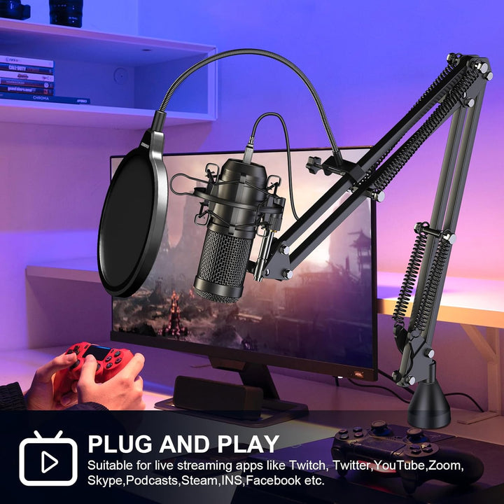 aokeo USB Mikrofon, 192kHZ / 24bit Podcast-Mikrofonsets mit Mikrofonständer, Stossdämpferhalter, Win