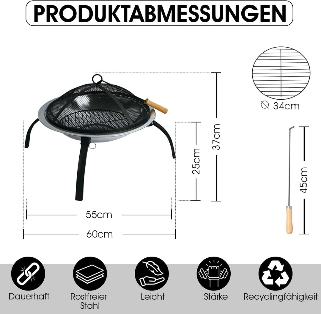 Defacto Feuerstelle Ø 58 cm Edelstahl – Feuerschale & Feuerkorb mit Funkenschutz, Feuerhaken & Klapp