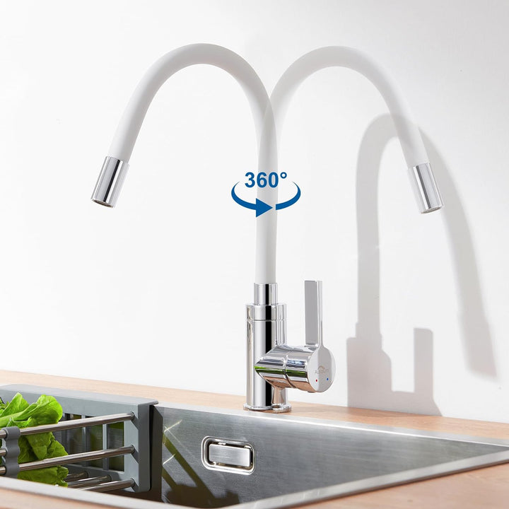 Auralum Flexibler Wasserhahn Küche, Küchenarmatur Weiss mit Flexibler Auslauf, Hochdruck Spültischar