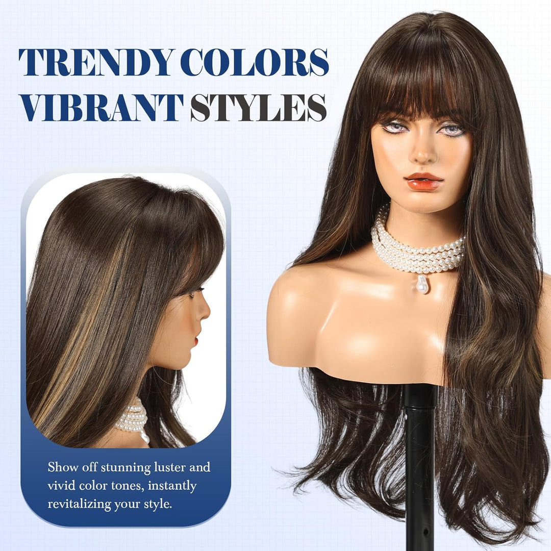 HAIRCUBE Lange braune Perücke mit Pony, geschichtete lockige Perücken für Frauen, natürliche synthet