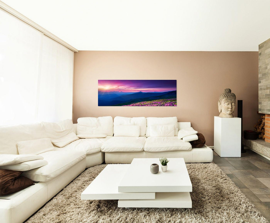 Paul Sinus Art Panoramabild auf Leinwand und Keilrahmen 150x50cm Ukraine Blumen Wiese Berge Sonnenun