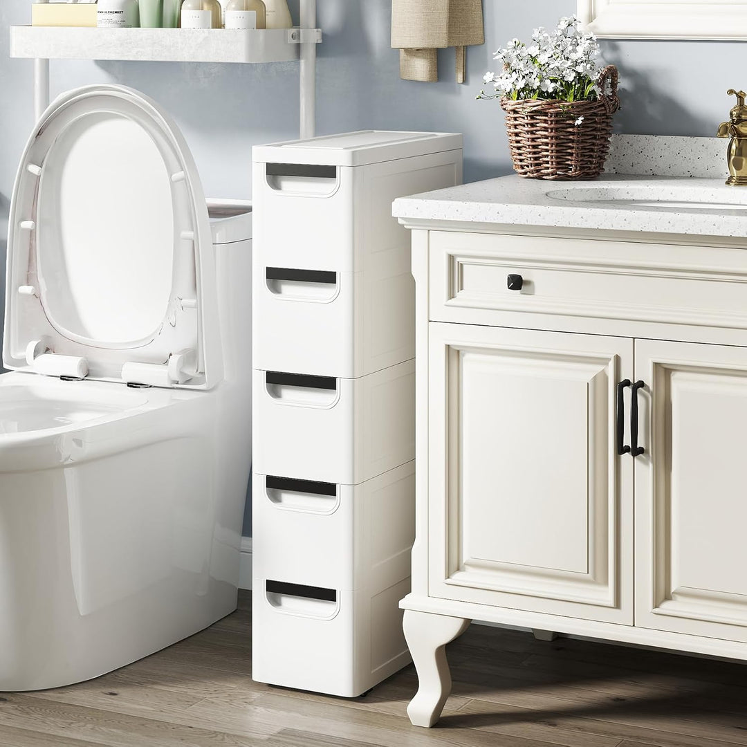 Schmaler Badezimmerschrank auf Rollen, Schmaler Badezimmerschrank mit 3/4/5 Schubladen, Mobiler Schu