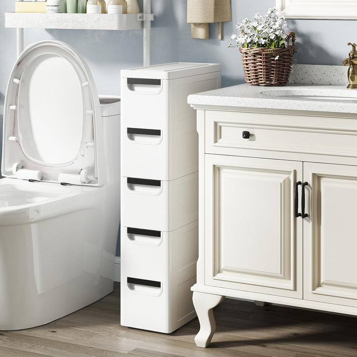 Schmaler Badezimmerschrank auf Rollen, Schmaler Badezimmerschrank mit 3/4/5 Schubladen, Mobiler Schu