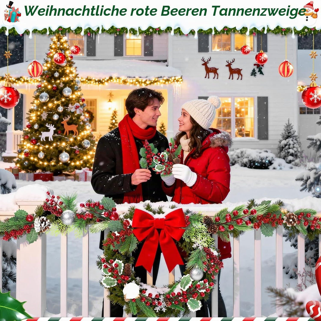 Morofme 12 Stück Künstliche Tannenzweige mit Rote Beeren Deko, Weihnachtszweige mit Tannenzapfen, Ba