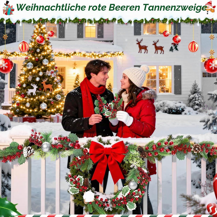 Morofme 12 Stück Künstliche Tannenzweige mit Rote Beeren Deko, Weihnachtszweige mit Tannenzapfen, Ba