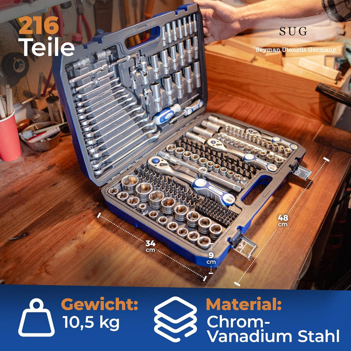 SUG - Werkzeugkoffer gefüllt 216-tlg - Profi Steckschlüsselsatz 1/2, 1/4, 3/8 komplett bestückt - We