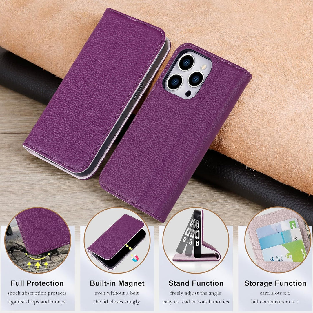 VISOUL Hülle für iPhone 13 Pro, Schutzhülle [Echt Leder] [Schützt vor Stoss] [Kartenfach] [Magnetver