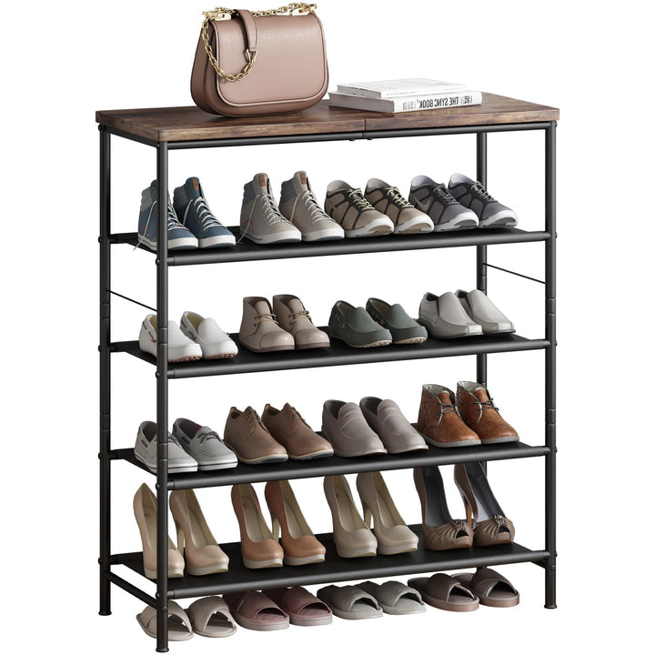 Schuhregal 5 Ebenen Schwarz Metall，mit oberem MDF-Paneel und Regal Vliesstoff，Platzsparend für Einga