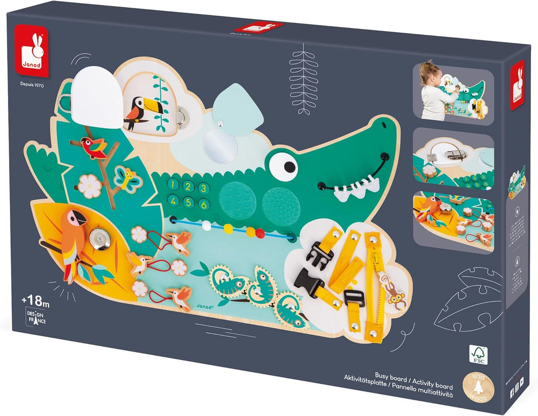 Janod - Busy Board Croco - Activity Board - Thema Dschungeltiere - 14 Aktivitäten - Kinderspielzeug