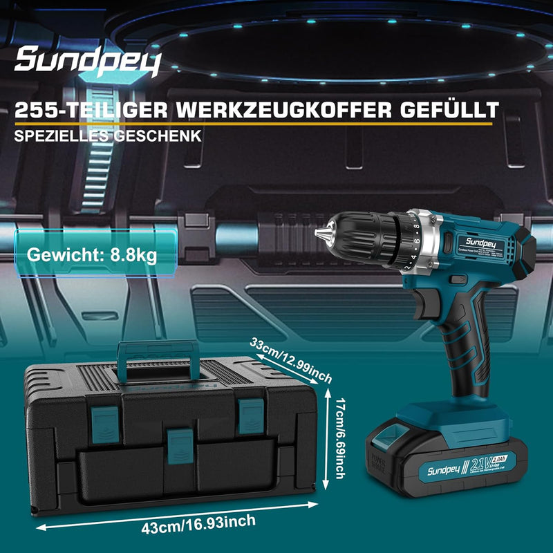 Werkzeugkoffer 255 tlg mit Akkuschrauber 21V - Sundpey Akkuschrauber Set mit 2 * 2000mAh Akku Werkze