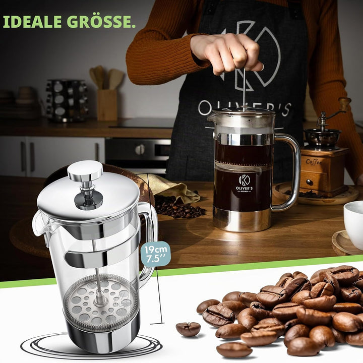 Oliver's Kitchen® French Press 1 liter - Eleganter Kaffeebereiter aus Glas - Kaffee Maschine für aut