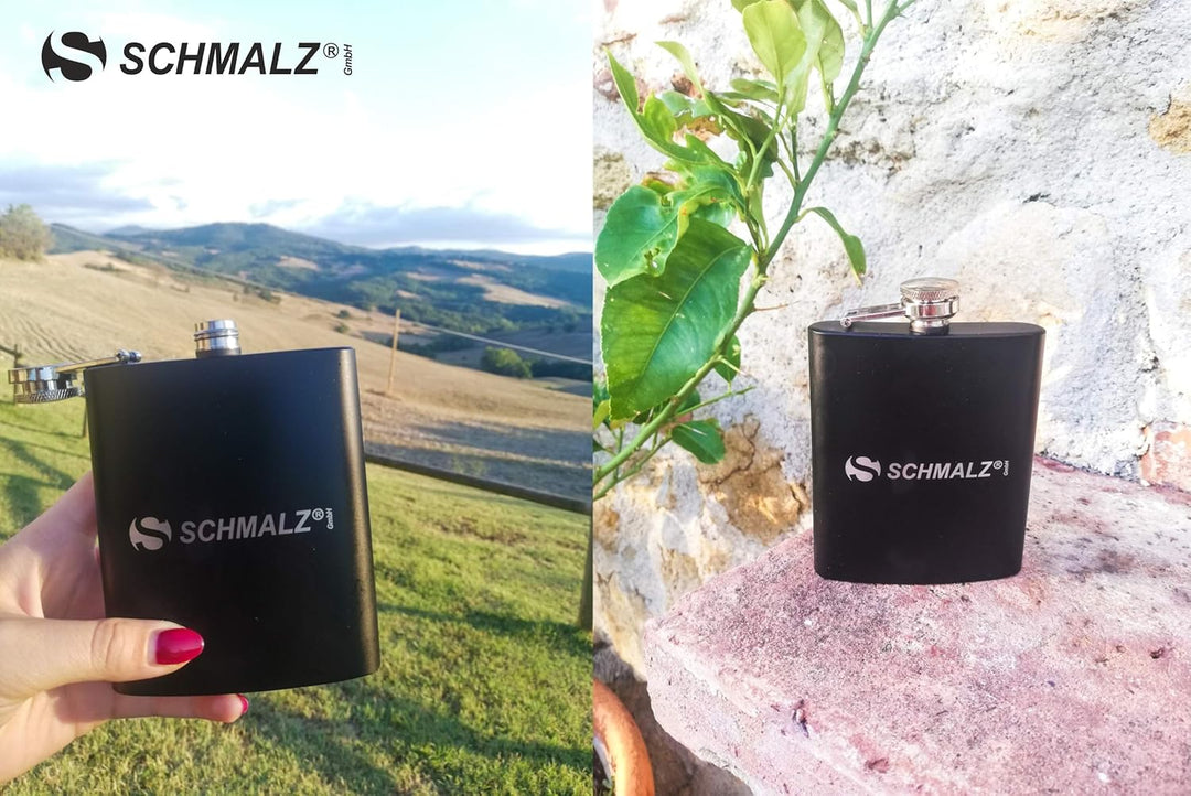 Schmalz® Flachmann-Set schwarz 7-teilig aus Edelstahl inklusive Gravur Geschenkverpackung Stamperl E