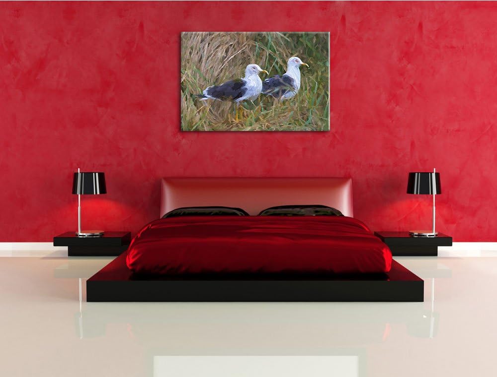 zwei Möwen im hohen Gras Spezial Format: 100x70 cm auf Leinwand, XXL riesige Bilder fertig gerahmt m