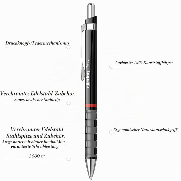 rOtring Tikky-Kugelschreiber | blaue Tinte | mittlere Spitze (1,0 mm) | Schwarzer Schaft | federleic
