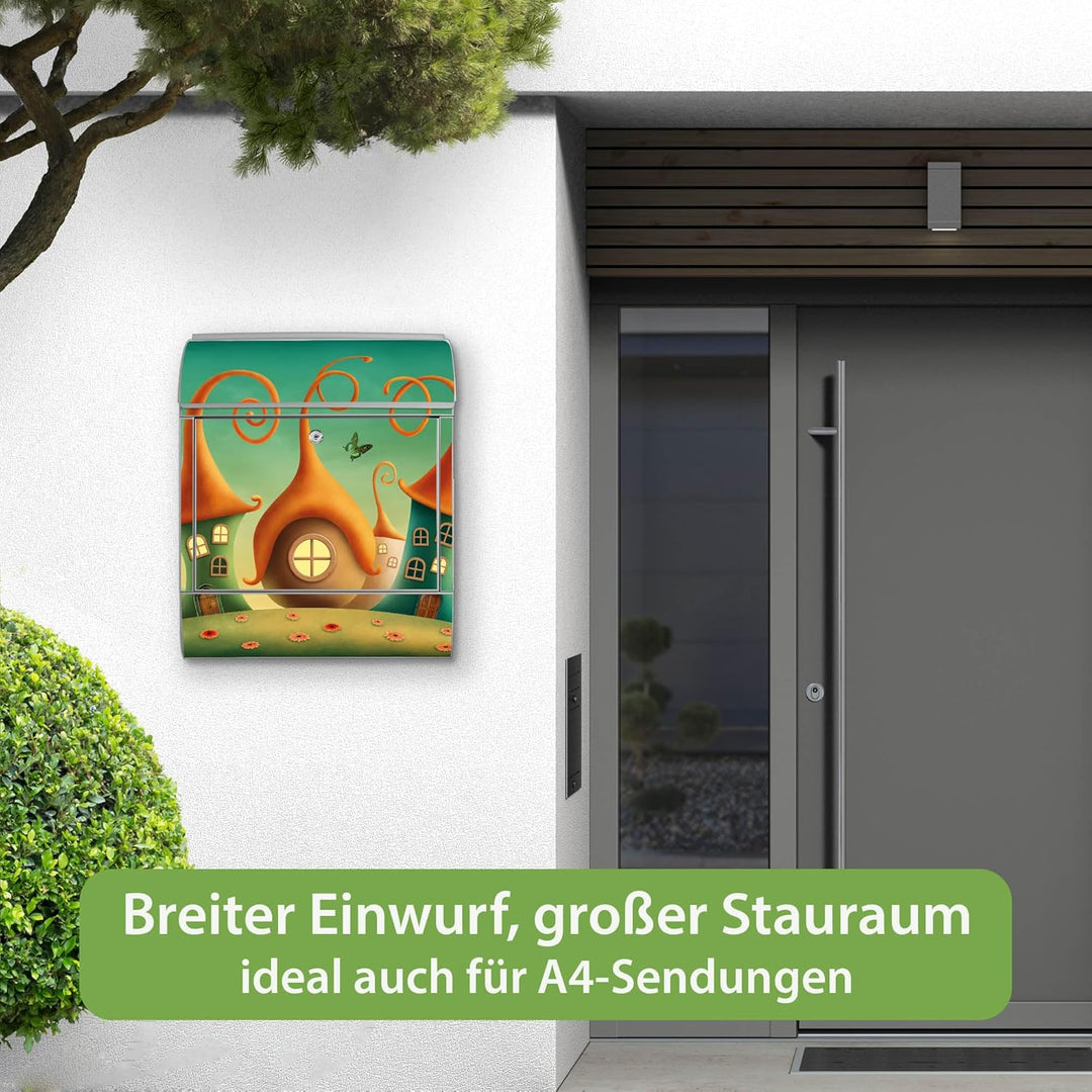 banjado® Design Briefkasten mit Motiv Zwergenhausen 39x47x14cm &amp; 2 Schlüssel - Briefkasten Stahl Sil