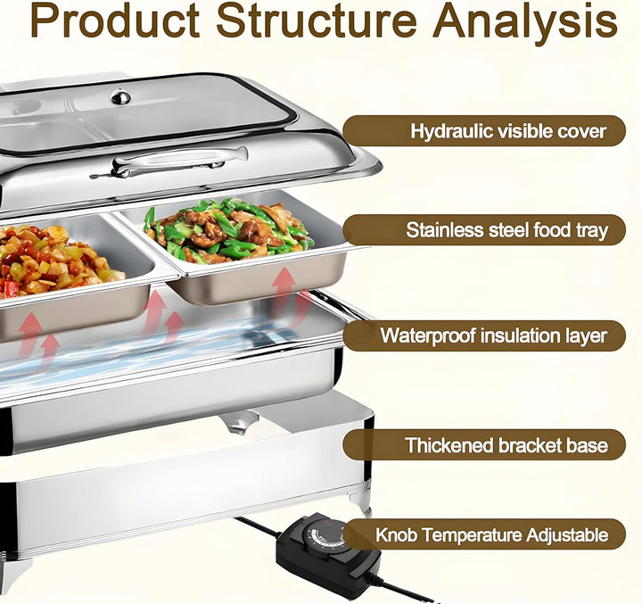 Elektrischer Chafing Dish Glasdeckel, 9L Edelstahl Speisewärmer Buffetwärmer Elektrisch Einstellbare