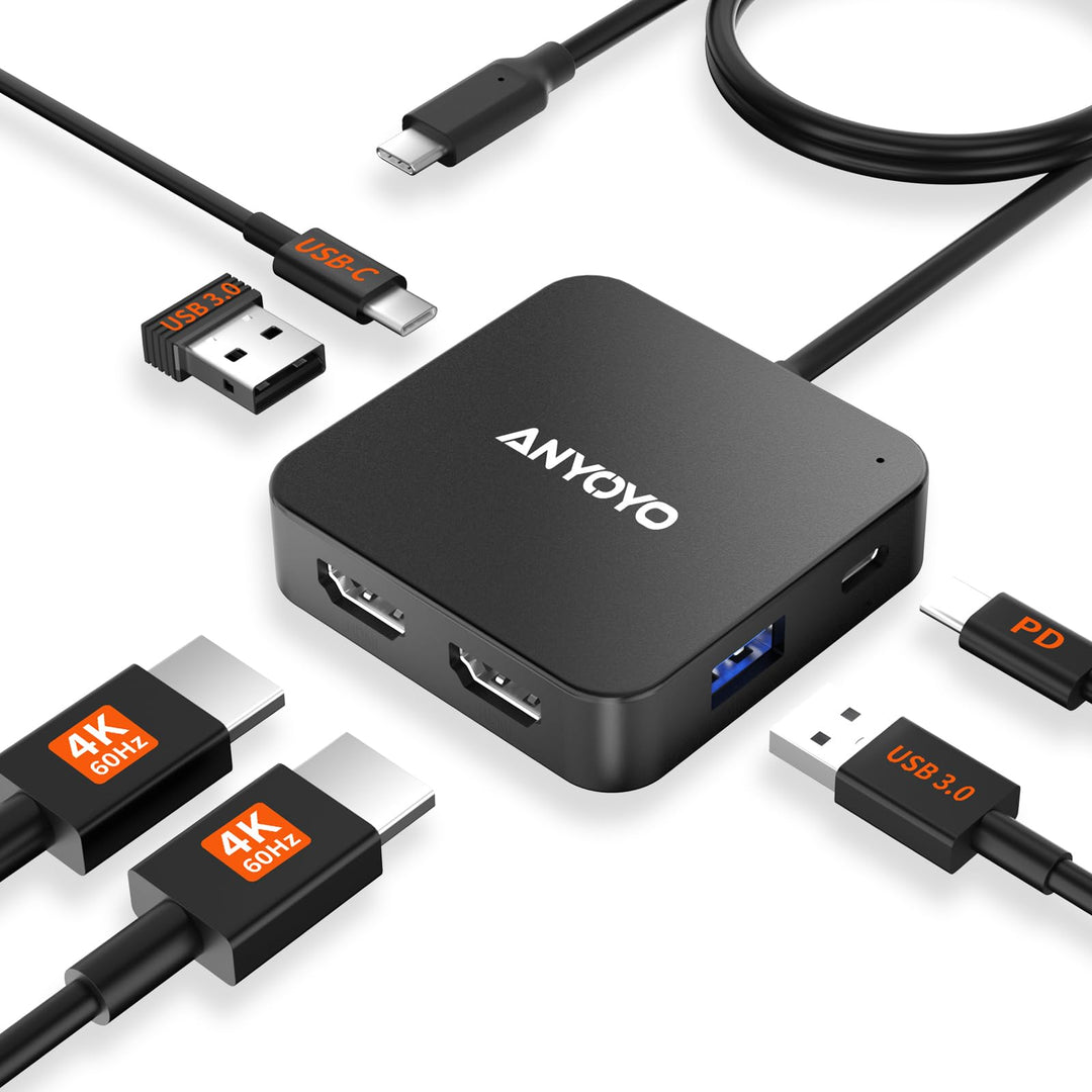 USB C auf Dual 4K 60Hz HDMI Adapter, USB C Hub Dual 4K HDMI, USB C Daten, 100W PD, USB 3.0, Docking