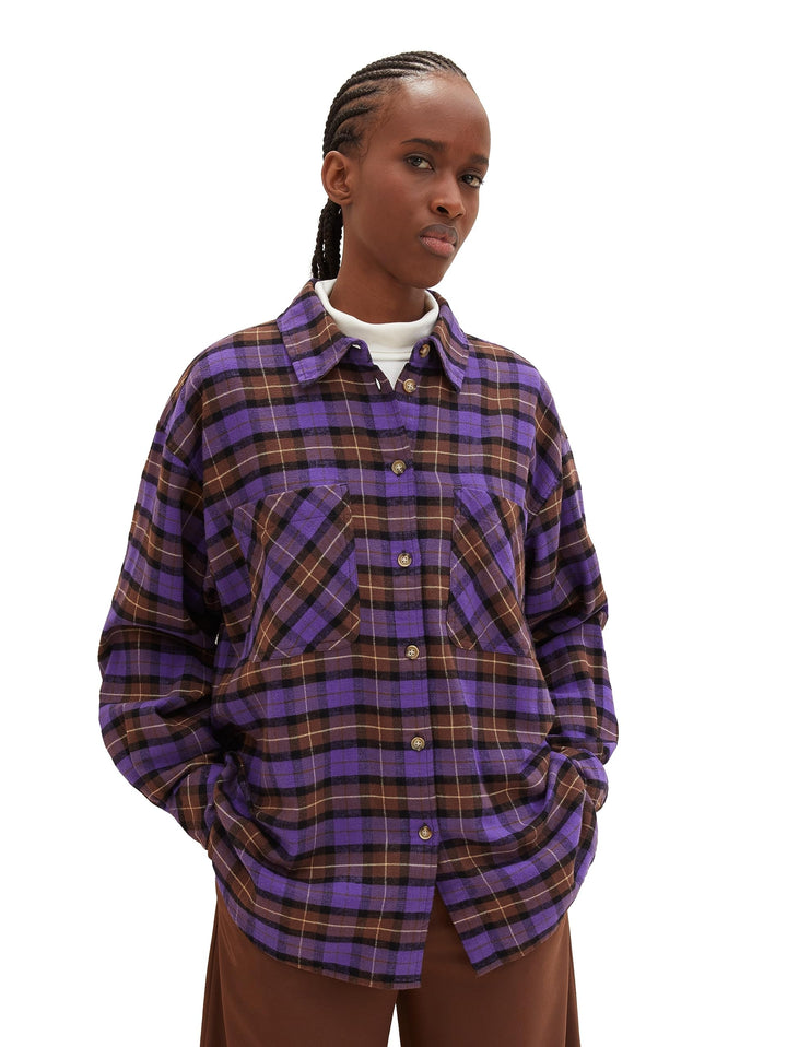 TOM TAILOR Denim Damen Oversized Flanell Bluse mit Karomuster M 32415 - Lilac Check, M 32415 - Lilac