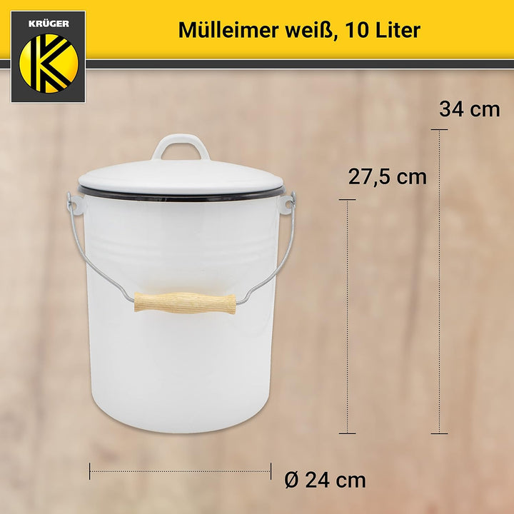 KRÜGER Mülleimer mit Deckel - Stahl Abfalleimer mit Emaille-Beschichtung und Holzgriff - schnitt- un