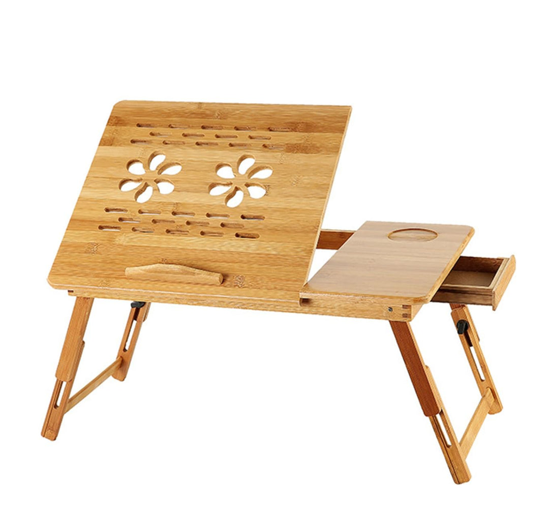 OHMG Betttisch, Laptoptisch, verstellbar, 66 x 35 cm, mit Getränkehalter und Tabletfach, Bambus, Lap