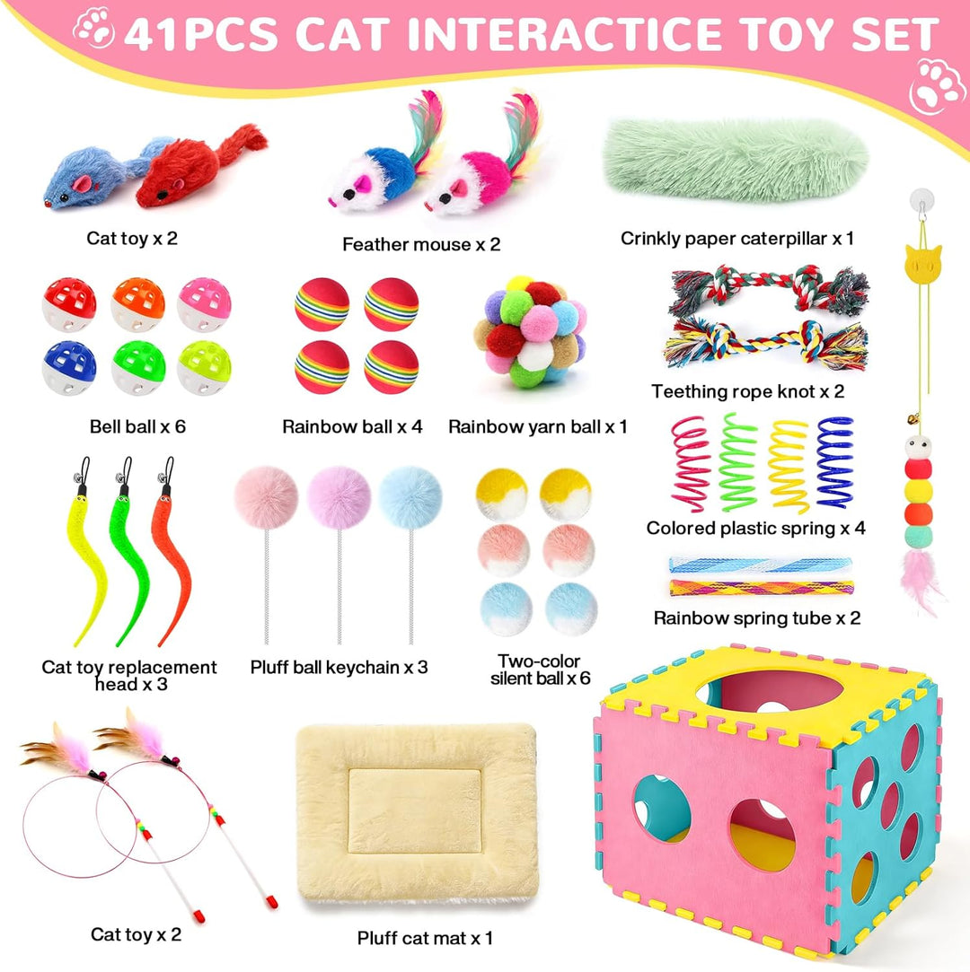 DoubleCare 41 Stück Interaktives Katzenspielzeug Set, Katzen Spielzeug mit Faltbarem Haustierbett au