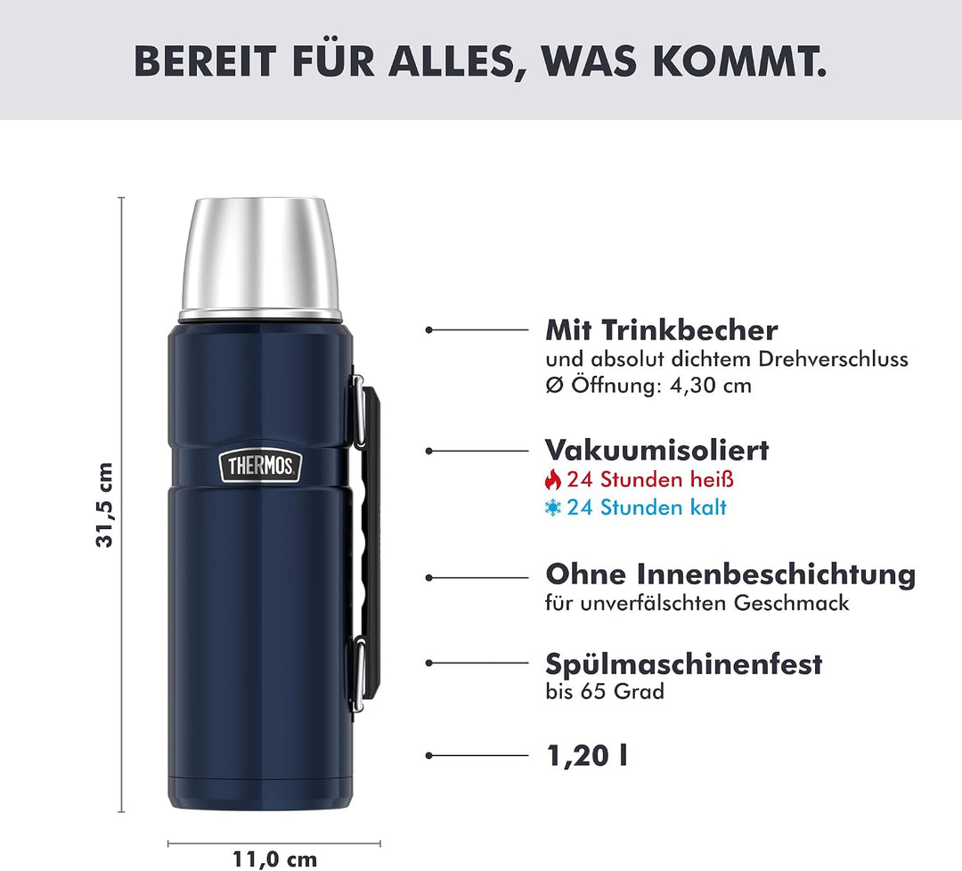 Thermos Stainless King Thermosflasche blau 1,20l - Edelstahl, absolut dicht, mit Trinkbecher und Gri