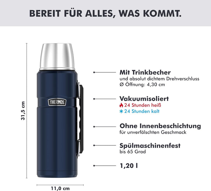 Thermos Stainless King Thermosflasche blau 1,20l - Edelstahl, absolut dicht, mit Trinkbecher und Gri
