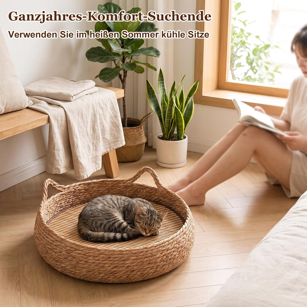 Katzenkorb Geflochten, Ø42cm Katzenbett mit Wendbarem Kissen &amp; Kühlmatte, Waschbares Haustierbett fü