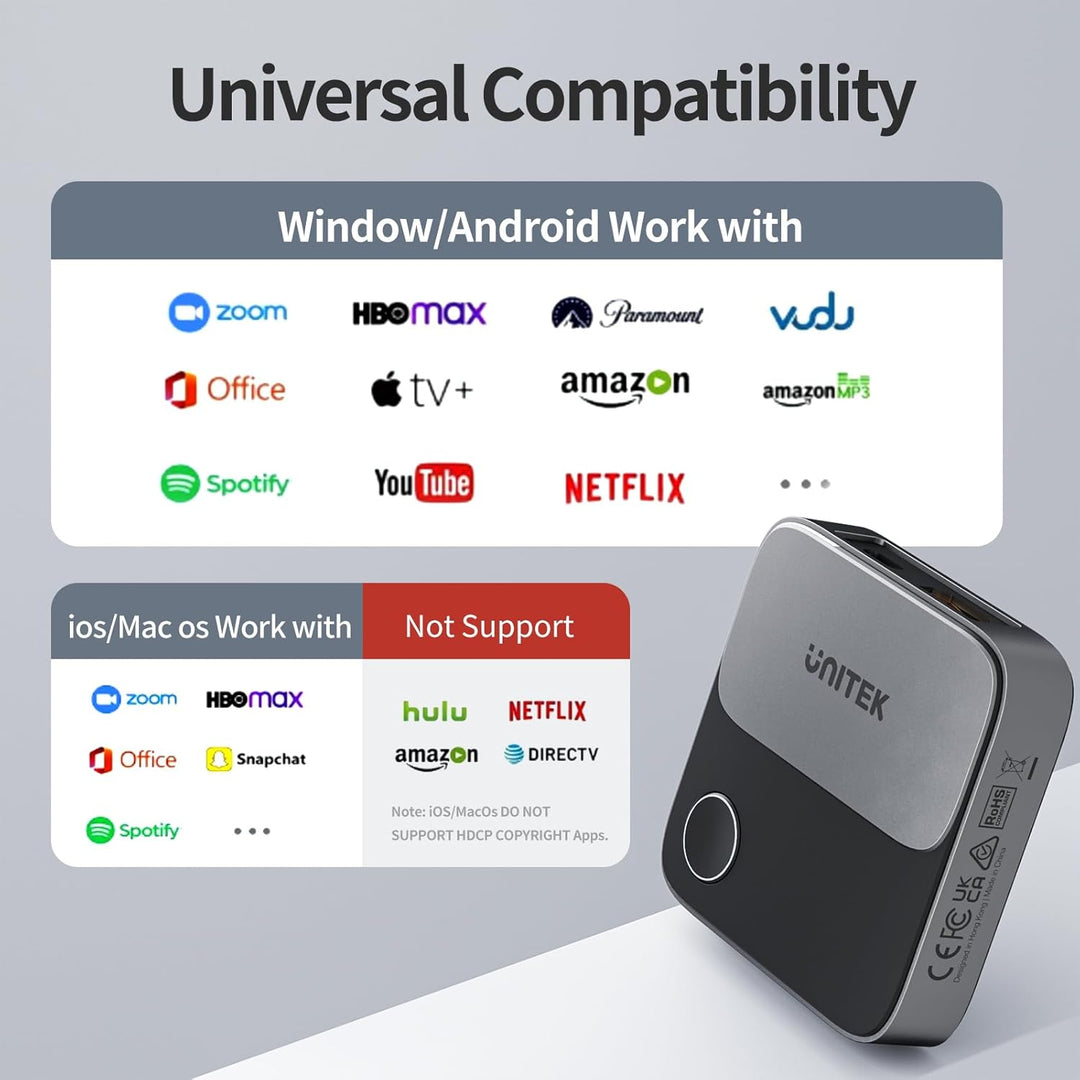 Unitek Hdmi Wireless Display Dongle Adapter - 4K 5G Miracast/Airplay Adapter, Wi-Fi HDMI für TV/Beam