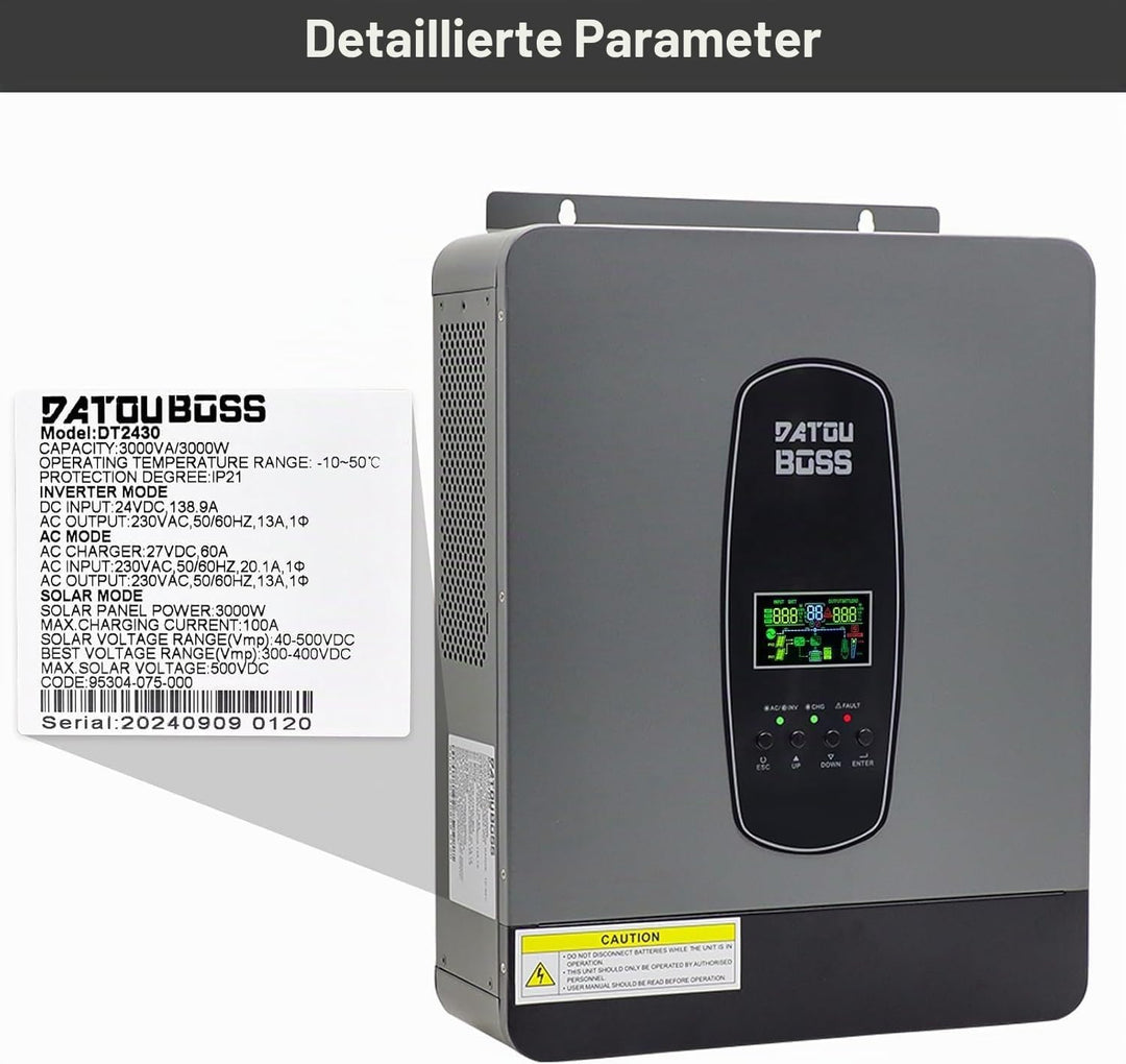 DATOUBOSS 3000W Hybrid Wechselrichter 24V, Hybrid Solar Wechselrichter Reiner Sinus,24V DC auf 220/2
