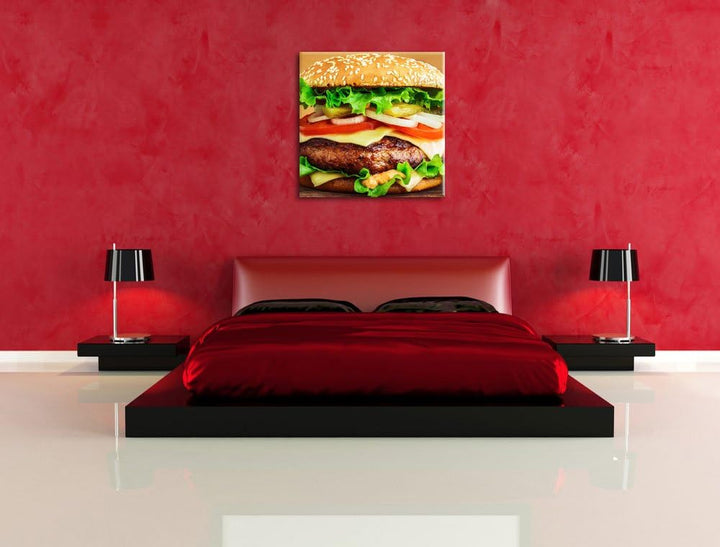 Pixxprint Köstlicher Burger auf Holztisch, Format: 70x70 auf Leinwand, 70x70