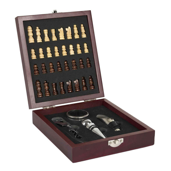 Wein- und Schachset im Holzbox – Elegantes Geschenkset mit Schachbrett, Figuren & Weinaccessoires –