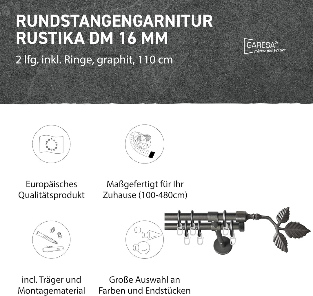 Garesa Gardinenstange Rustika Ø 16mm, 2-läufig, Graphite I Rustikale Vorhangstange aus Metall inkl.