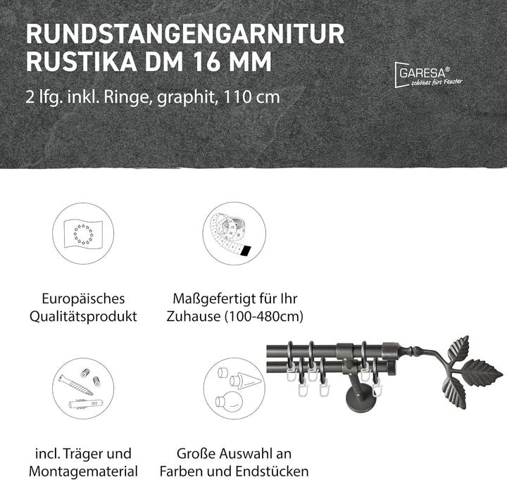 Garesa Gardinenstange Rustika Ø 16mm, 2-läufig, Graphite I Rustikale Vorhangstange aus Metall inkl.