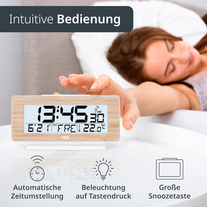 ADE Funkwecker digital mit Batterie | Tischuhr mit Temperaturanzeige und Kalender | Gehäusefront aus