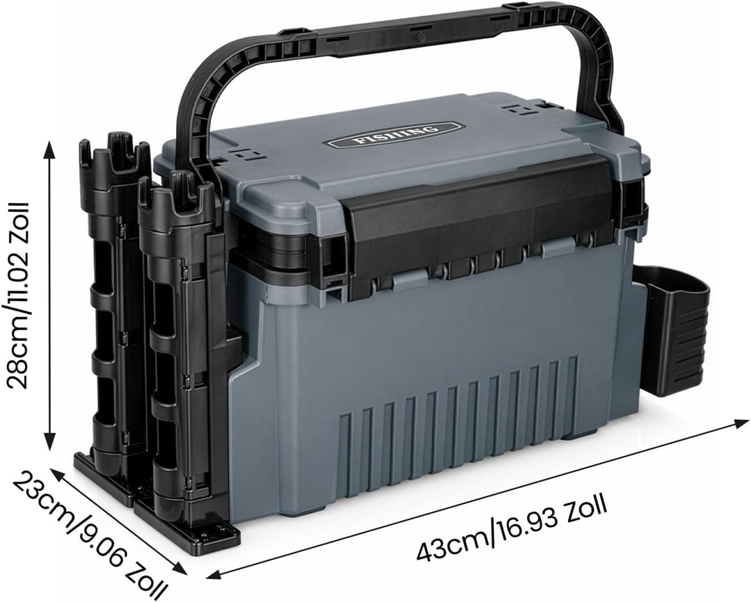 2-stöckig Gross Angelkoffer Tackle Box mit Rutenhalter & Becherhalter, klappbarem Tragegriff, 43×23×