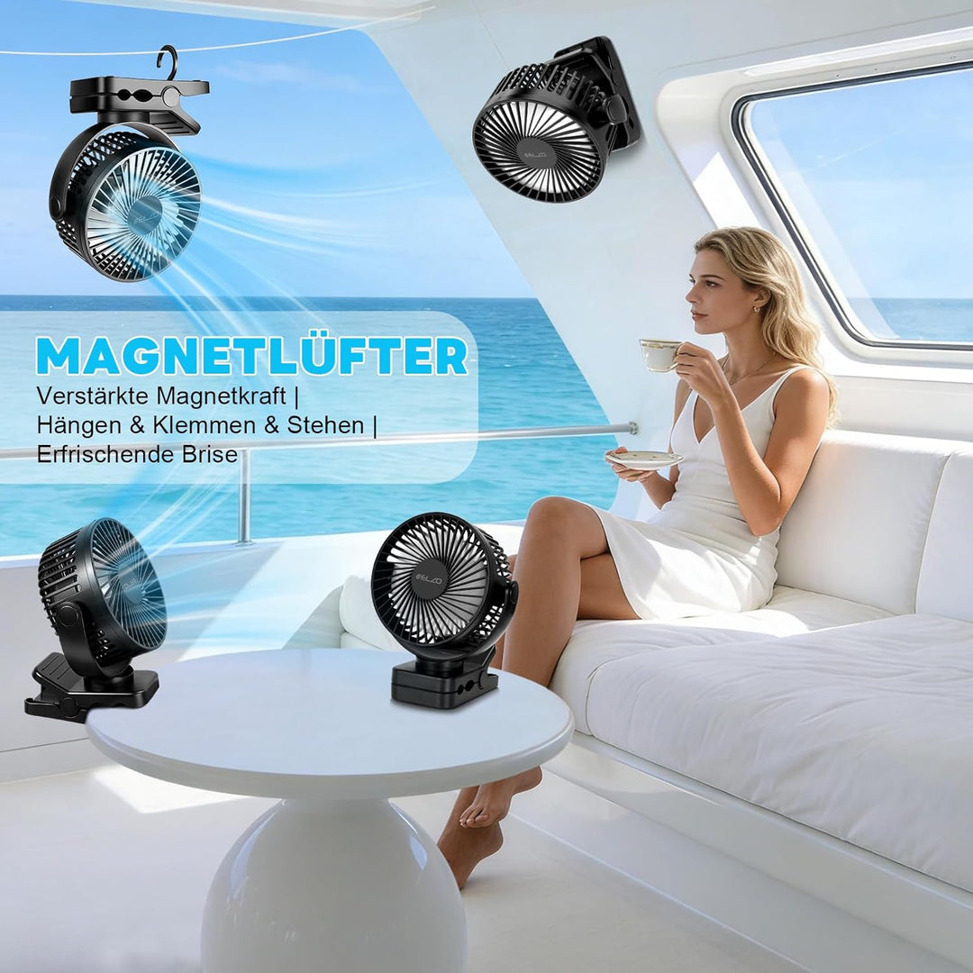 ELZO 12000mAh Campingventilator, USB-Tischventilator mit LED-Licht, Aufhängehaken und Magnetverschlu